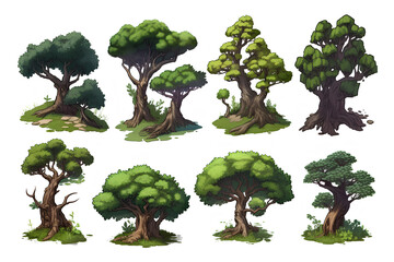 Set of different fantasy tree game elements design ai generated
