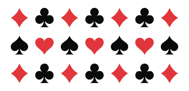 Seamless pattern with red and black playing card suits arranged in rows for casino wallpaper or fabric graphics