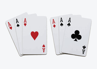 Obraz premium Four aces playing cards presentation showing various suits isolated on white background