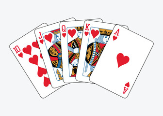 Traditional royal flush hearts playing cards vector graphic showing high rank cards for casino gambling advertisement