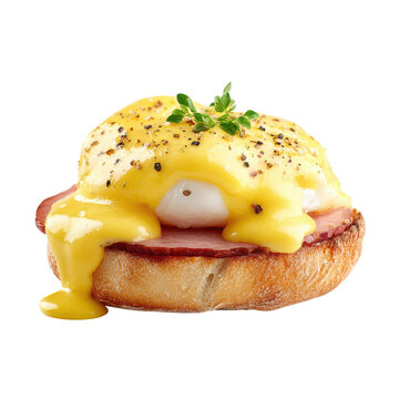 Breakfast dish with poached egg, ham, and hollandaise sauce on toasted bread served in a dining setting