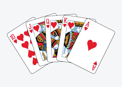 Traditional royal flush hearts playing cards vector graphic showing high rank cards for casino gambling advertisement