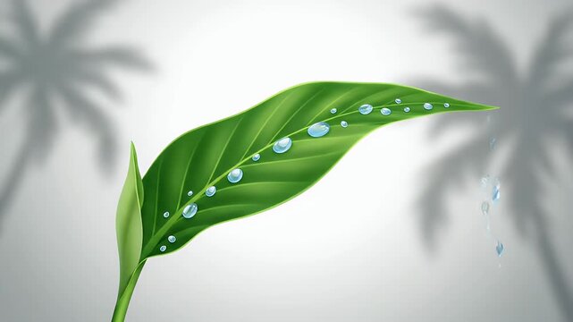 Tropical Green Leaf Dew Drops Dripping with Palm Shadow Background
