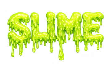 Slime green melting liquid alphabet typography creating word slime, dripping gooey toxic lettering with transparent background