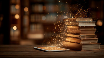 Stack of books and glowing tablet with magical light in library symbolizing digital knowledge