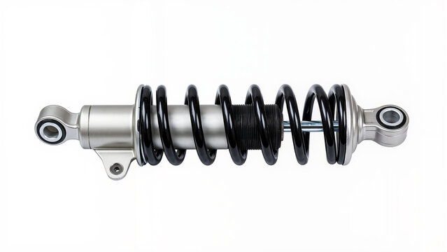 Generic automotive shock absorber with integrated coil spring, isolated on a white background, showing detailed metal components and suspension design for vehicle repair, maintenance, and engineering 