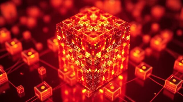 Abstract red cube structure with connected elements in a dark background