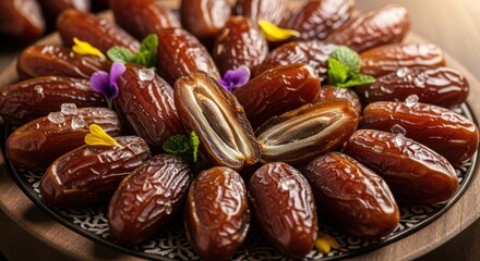 Dates arranged on a wooden platter with fresh flowers.