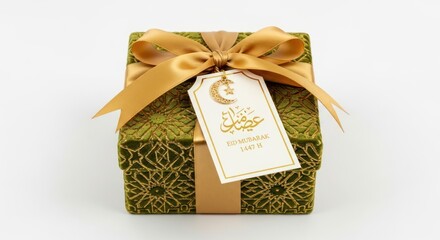 Beautifully wrapped gift box with Islamic design and golden ribbon.
