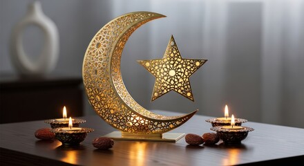 Golden Crescent Moon and Star Decoration with Lit Candles.