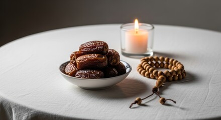 A serene still life setup with cookies, a candle, and prayer beads on a white tablecloth.
