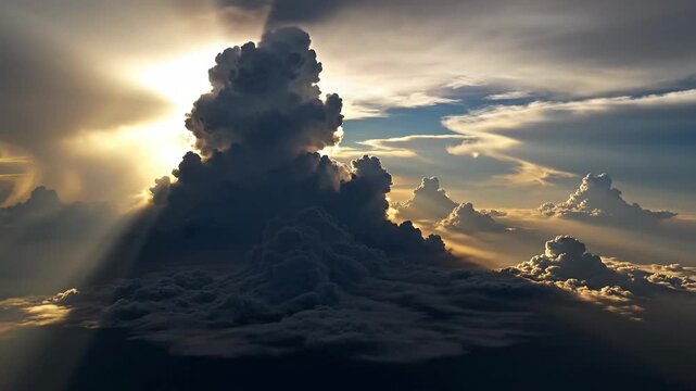 Dramatic cloud formation illuminated by sunlight showing atmospheric layers