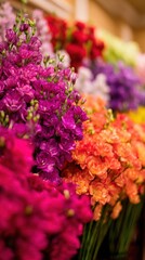 Obraz premium Close-up view of vibrant mixed bouquets with pink, purple, and orange blossoms in soft focus, vibrant lively