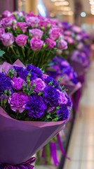 Naklejka premium A vivid bouquet of purple and pink flowers wrapped in lilac paper sits in a bright display. Bright vibe today