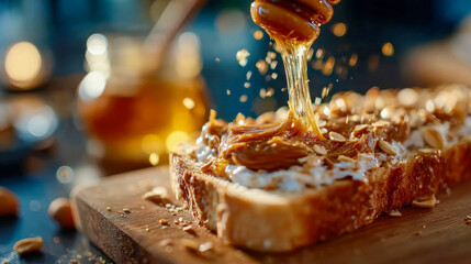Golden honey dripping onto toasted bread with creamy spread and seeds, captured in a warm, appetizing close-up