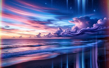 Fototapeta premium Vibrant sunset over ocean, surreal clouds, neon hues, digital glitch effects on beach.