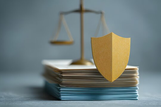 A Shied in Front of a stack of documents and out of focus balance scale in the backConsumer Rights Legal Concept