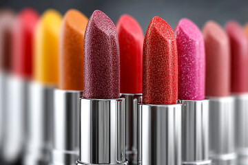 Brightly colored lipsticks arranged in a gradient display for beauty enthusiasts Generative AI