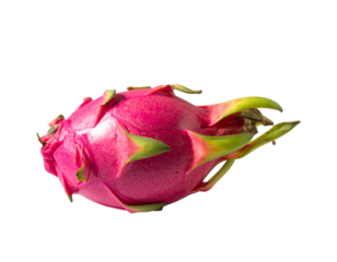 Vibrant pink dragon fruit with green, scale-like bracts against a dark background