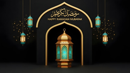 Elegant Ramadan Mubarak Greeting with Golden Arch and Ornate Lanterns on Deep Black Background