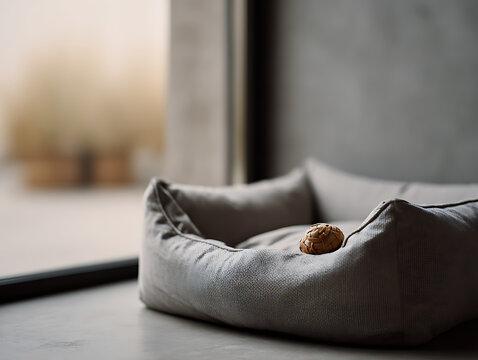 Empty dog bed on floor with a small toy ball inside. Indoor scene with blurred background. Dog loss, pet loss syndrome and grief concept