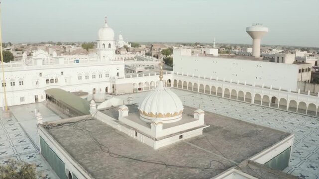 Drone view of sikh gurdwara and courtyard in pakistan
