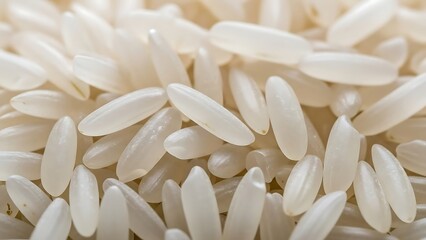 A detailed close-up view of numerous uncooked white rice grains scattered, showcasing their elongated shape and smooth texture