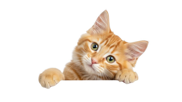 Adorable Orange Kitten Peeking Over a White Surface.