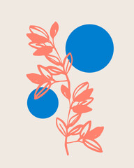 Modern geometric abstract shapes, leaves in minimal style. Geometrical Scandinavian design. Vector illustration with plant, leaf, round shapes, circles for print, poster, boho wall decor, flat design