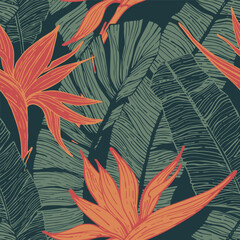 Nature seamless pattern. Hand drawn abstract tropical summer background : palm tree and banana leaves, bird-in-paradise flower in silhouette, line art. Vector art illustration in pastel retro colors