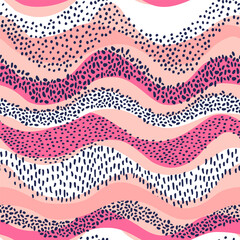Colorful grunge grainy textured wavy seamless pattern. Abstract doodle wave background. Wavy squiggle doodles texture print. Vector illustration for wallpaper design, fabric textile, paper wrapping