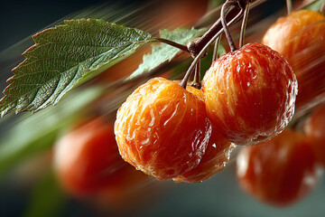 Close-up shot of fresh, ripe cherries with glistening water droplets, their vibrant colors and textures. a single green leaf is visible, enhancing the natural and refreshing appearance, ideal for summ