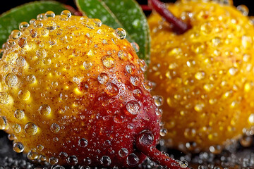 Close-up view of ripe pears covered in dewdrops, texture and vibrant colors. set with green leaves, emphasizing freshness and natural beauty. ideal for food, nature, and wellness-themed designs. Gener