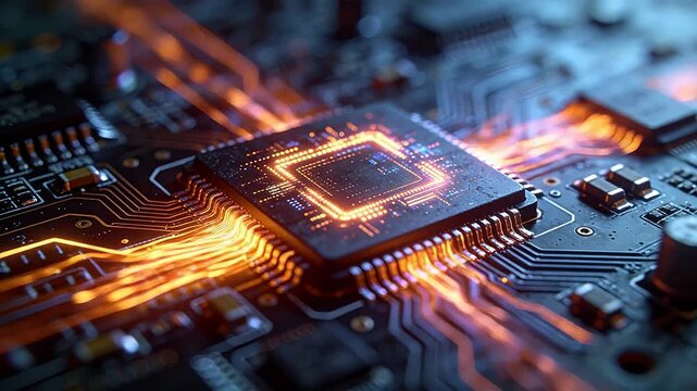 Glowing orange integrated circuit chip with light traces on dark circuit board