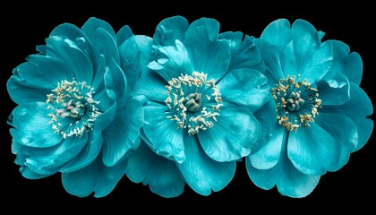 Three vibrant turquoise flowers with intricate petals and yellow stamens against a dark background