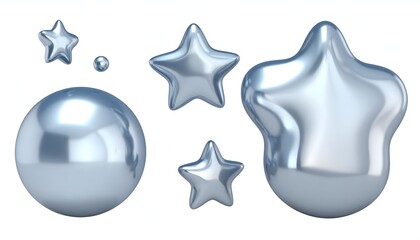 A collection of metallic shapes including stars and a sphere, showcasing a smooth reflective surface