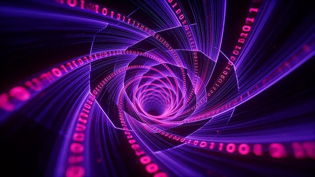 Purple spiral tunnel surrounded by binary code digital data