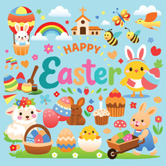 Obraz premium Happy Easter Flat Vector Illustration with Cute Bunny, Eggs, and Spring Elements