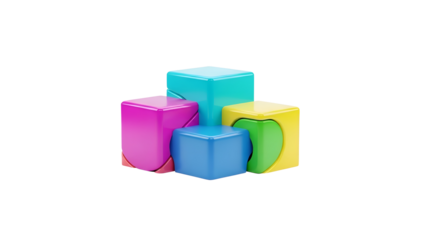 Four colorful shiny cubes stacked together in a pyramid shape on white background transparent background
