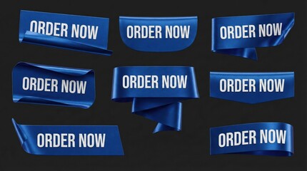 Set of blue 3D ribbon shaped order now buttons on black background,perfect for UI design,promotional banners,ecommerce and digital marketing