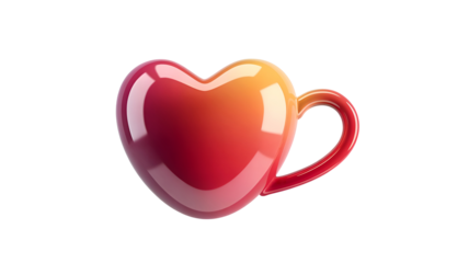 Heart shaped tea coffee mug cup with shiny red and orange color  isolated on white transparent background