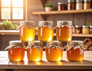 Stacked jars of golden honey on a wooden table in a sunlit kitchen