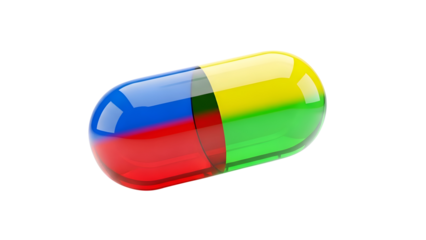 Multicolored transparent shiny capsule pill with blue yellow green red sections isolated on white transparent background