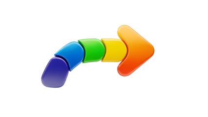 Rainbow colored arrow pointer made of four shiny rounded blocks pointing to right side  colorful curved design element transparent background