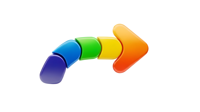 Rainbow colored arrow pointer made of four shiny rounded blocks pointing to right side colorful curved design element transparent background - Powered by Adobe