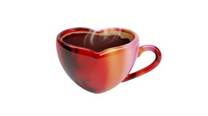 Red heart shaped coffee mug with hot beverage inside  isolated on transparent background transparent background