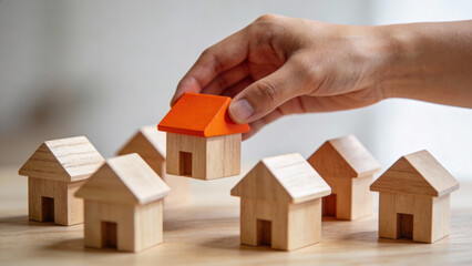 Choosing best property for investment involves careful decision making by selecting house model with hand showing thoughtful gesture over options