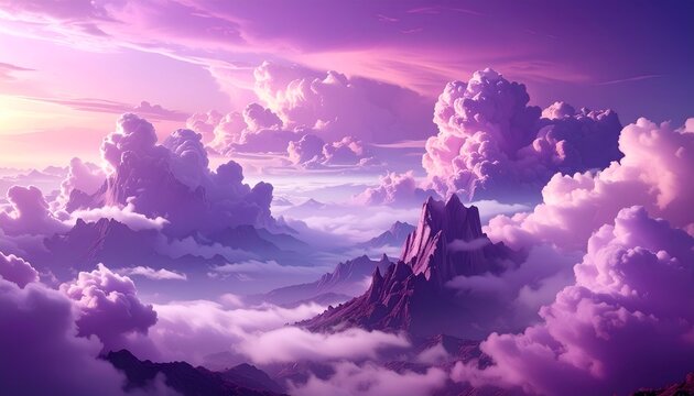 A serene landscape featuring majestic mountains enveloped in soft, colorful clouds at sunset - Powered by Adobe