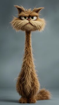 Whimsical long-necked cartoon cat with fluffy fur and grumpy expression
