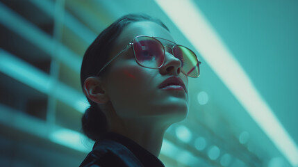Futuristic fashion portrait woman tinted eyeglass neon, confident urban night closeup under cyan light